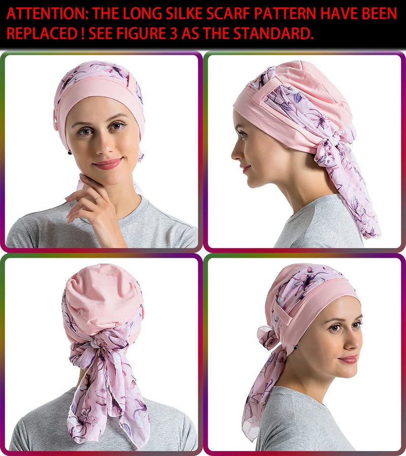 JarseHera Bamboo Cotton Liner Chemo Headwear for Womenwith Silky Scarfs for Cancer Hair Loss Sleep Caps Beanie (Light Gray+Light Pink,2 Pair) - Image 5